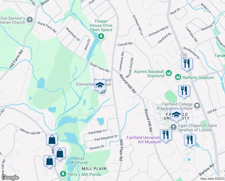 map of restaurants, bars, coffee shops, grocery stores, and more near 1625 Mill Plain Road in Fairfield