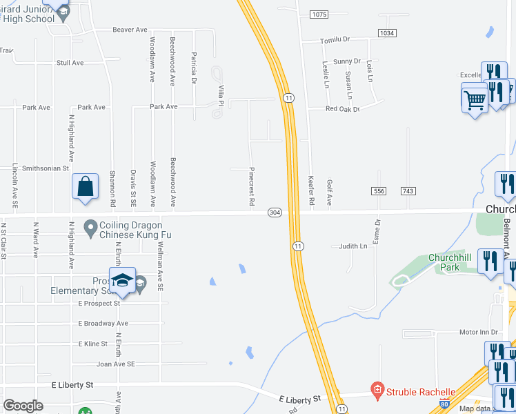 map of restaurants, bars, coffee shops, grocery stores, and more near 1100 Churchill Road in Girard