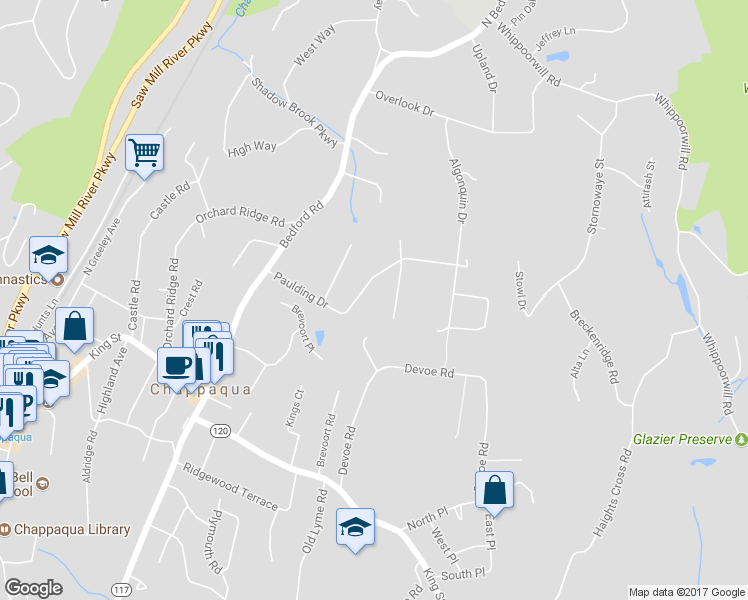 map of restaurants, bars, coffee shops, grocery stores, and more near 64 Paulding Drive in Chappaqua