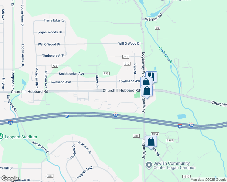 map of restaurants, bars, coffee shops, grocery stores, and more near 1361 Churchill Hubbard Road in Youngstown
