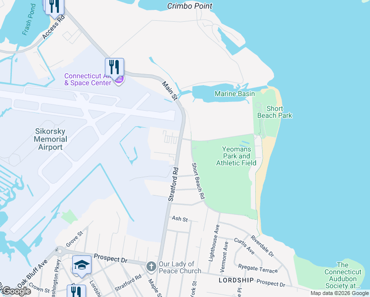 map of restaurants, bars, coffee shops, grocery stores, and more near 1265 Stratford Road in Stratford