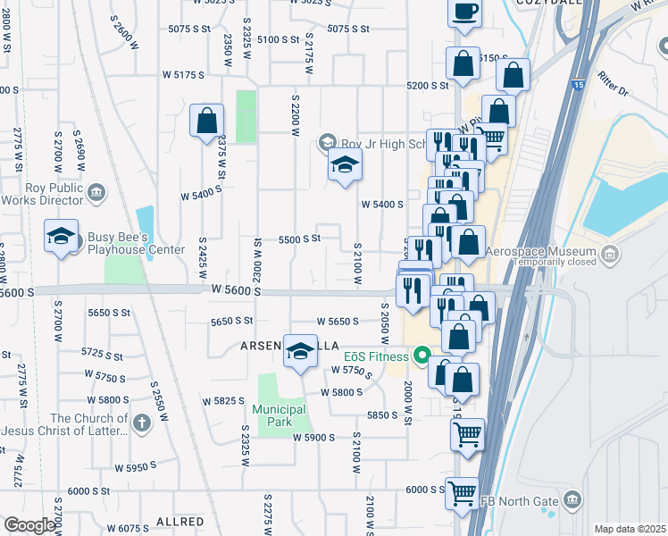map of restaurants, bars, coffee shops, grocery stores, and more near 5545 South 2100 West in Roy