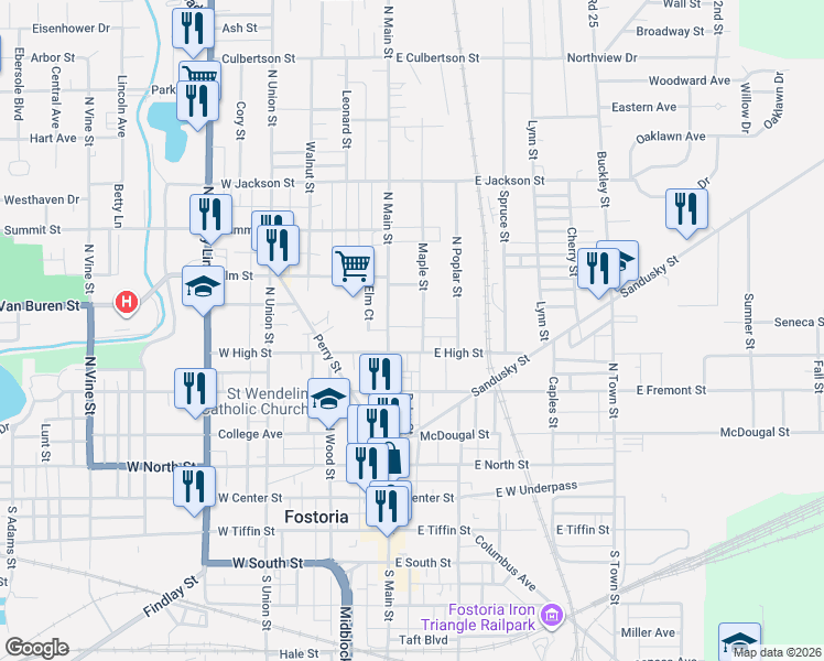 map of restaurants, bars, coffee shops, grocery stores, and more near 542 North Main Street in Fostoria