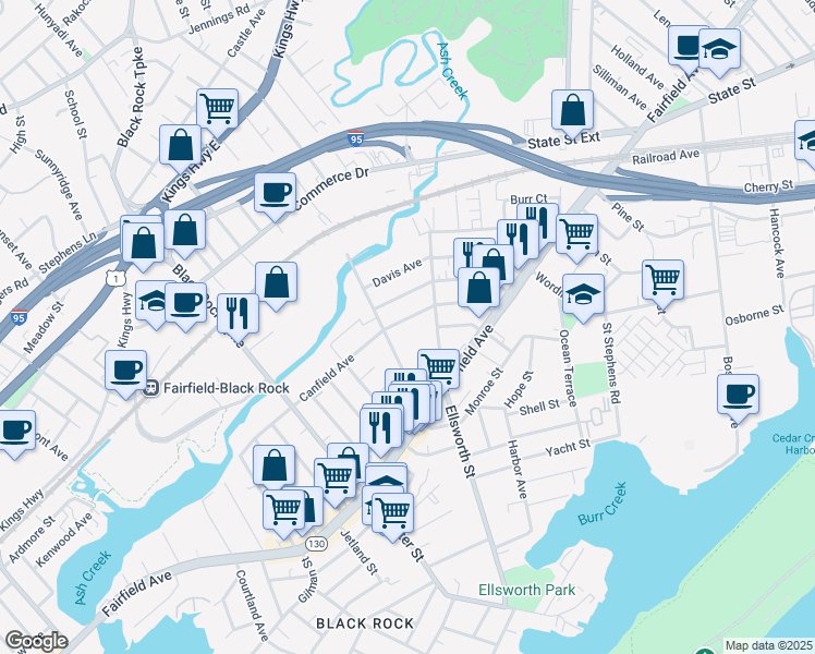map of restaurants, bars, coffee shops, grocery stores, and more near 287 Hansen Avenue in Bridgeport