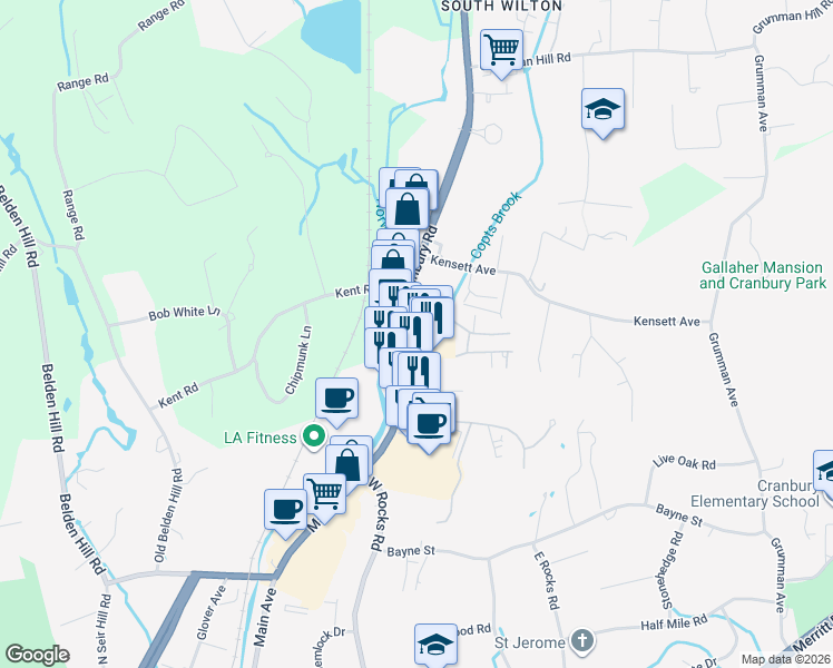 map of restaurants, bars, coffee shops, grocery stores, and more near 14 Danbury Road in Wilton