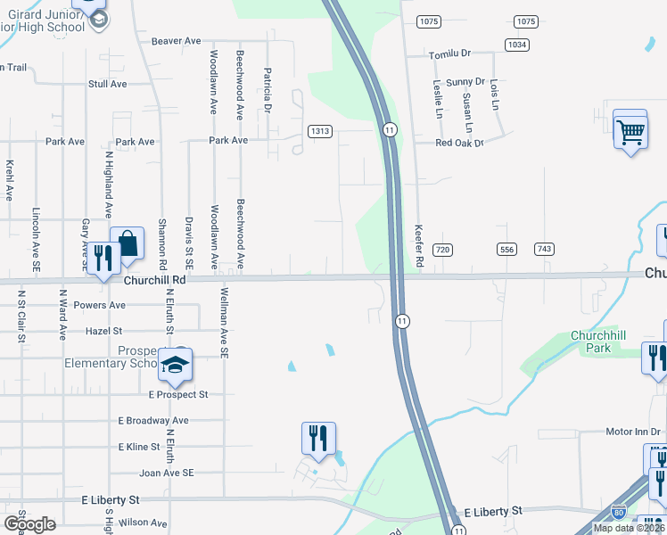 map of restaurants, bars, coffee shops, grocery stores, and more near 825 Pinecrest Road in Girard