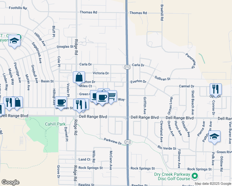 map of restaurants, bars, coffee shops, grocery stores, and more near 3803 Village View Lane in Cheyenne