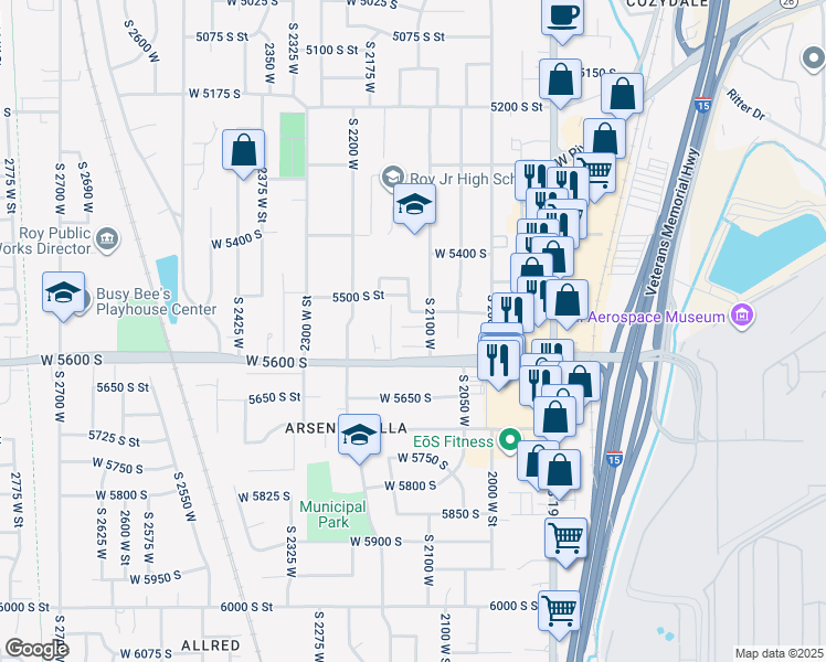 map of restaurants, bars, coffee shops, grocery stores, and more near 2155 5500 South Street in Roy