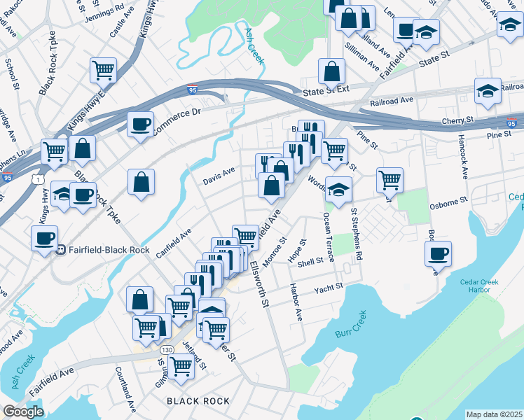 map of restaurants, bars, coffee shops, grocery stores, and more near 63 Waldorf Avenue in Bridgeport