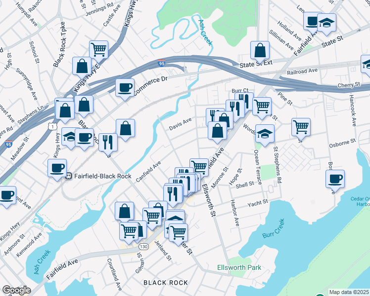 map of restaurants, bars, coffee shops, grocery stores, and more near 287 Hansen Avenue in Bridgeport