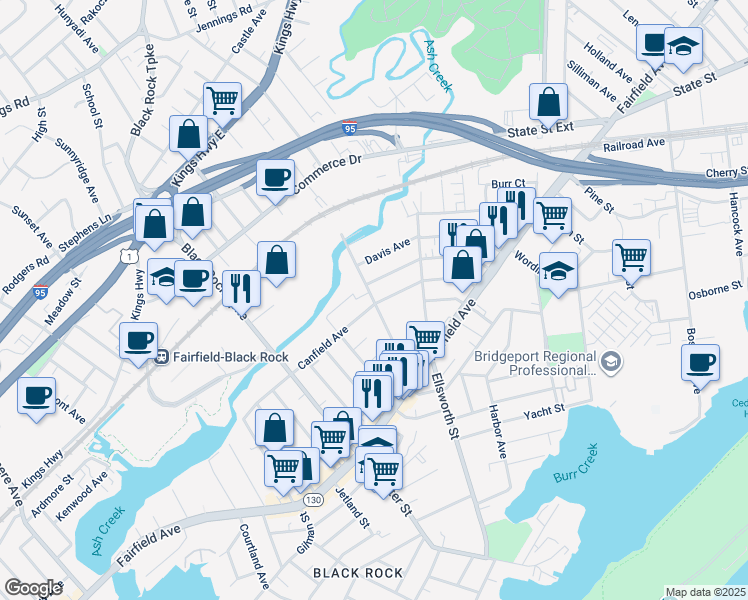 map of restaurants, bars, coffee shops, grocery stores, and more near 287 Hansen Avenue in Bridgeport