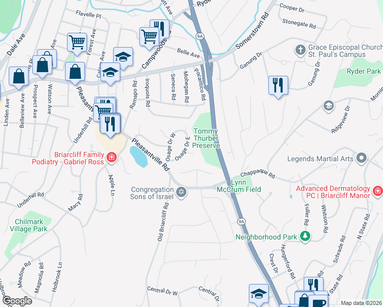map of restaurants, bars, coffee shops, grocery stores, and more near 13 Osage Drive East in Ossining