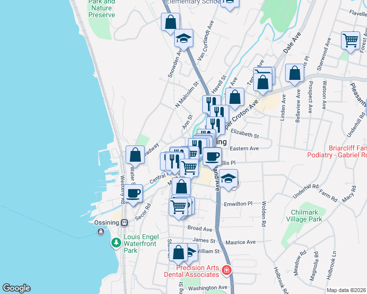 map of restaurants, bars, coffee shops, grocery stores, and more near 82 Broadway in Ossining