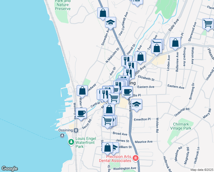 map of restaurants, bars, coffee shops, grocery stores, and more near 82 Broadway in Ossining