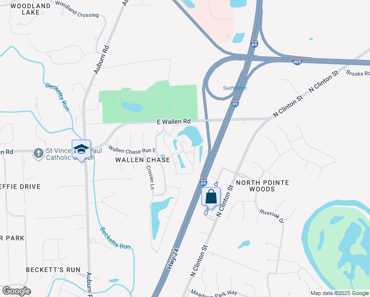 map of restaurants, bars, coffee shops, grocery stores, and more near 2439 Reef Court in Fort Wayne