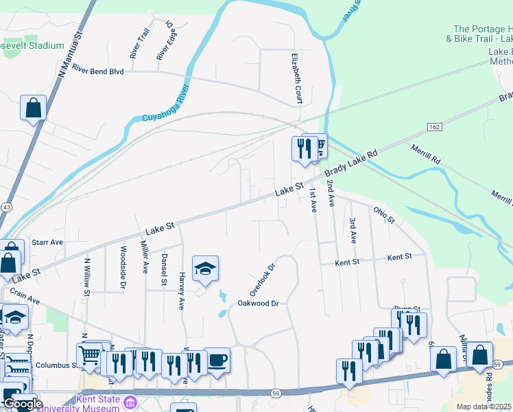 map of restaurants, bars, coffee shops, grocery stores, and more near 1128 Lake Street in Kent