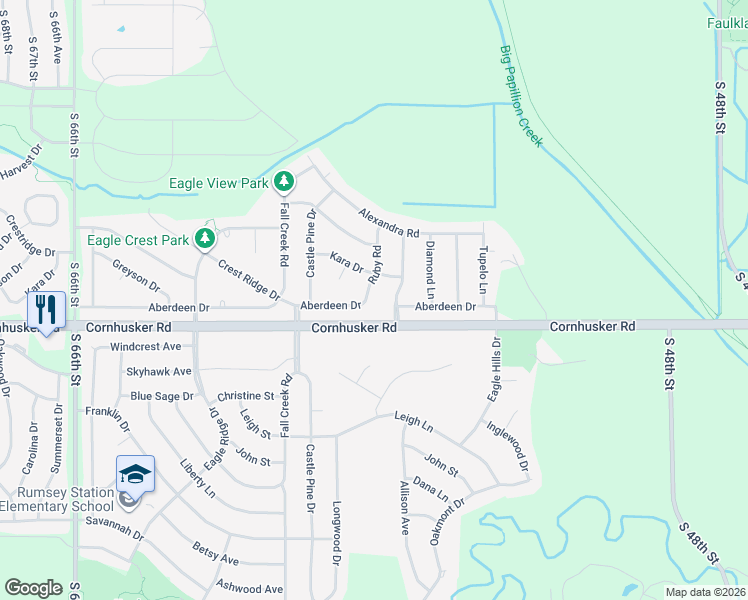 map of restaurants, bars, coffee shops, grocery stores, and more near 610 Ruby Road in Papillion