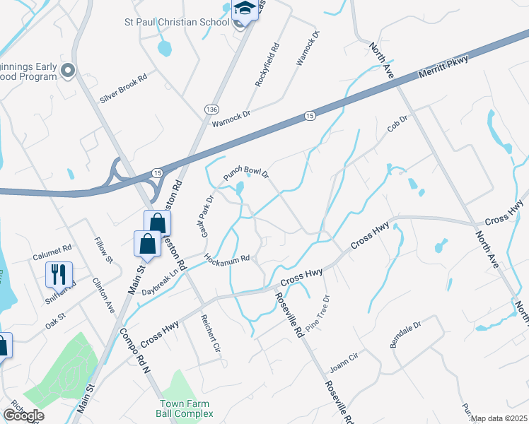 map of restaurants, bars, coffee shops, grocery stores, and more near 1 Coach Lane in Westport
