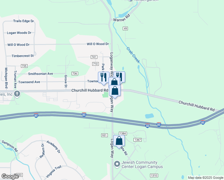 map of restaurants, bars, coffee shops, grocery stores, and more near 1445 Churchill Hubbard Road in Hubbard