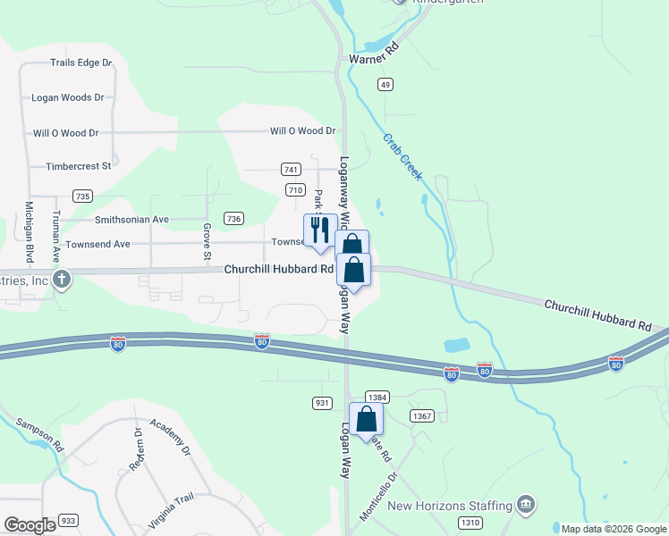 map of restaurants, bars, coffee shops, grocery stores, and more near 1482 West Liberty Street in Girard