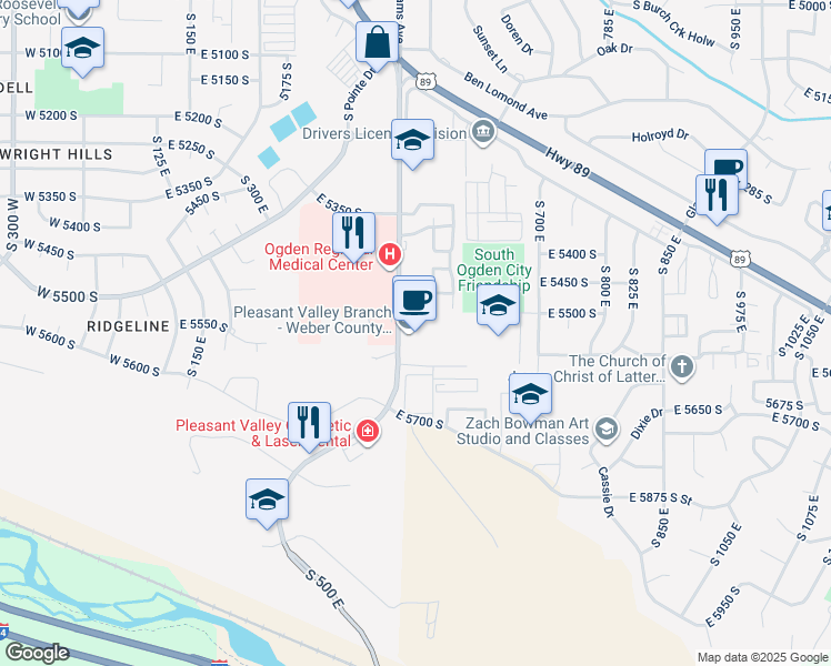 map of restaurants, bars, coffee shops, grocery stores, and more near 5568 Adams Avenue Parkway in Washington Terrace