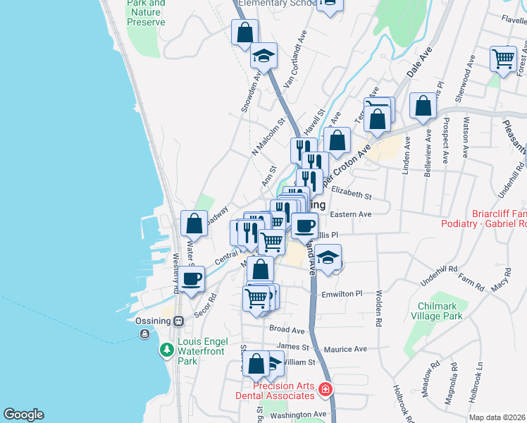 map of restaurants, bars, coffee shops, grocery stores, and more near 82 Broadway in Ossining