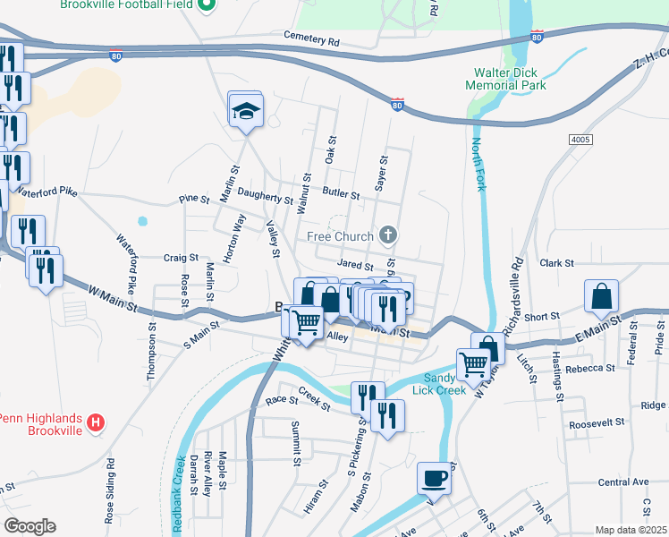 map of restaurants, bars, coffee shops, grocery stores, and more near 199 Barnett Street in Brookville