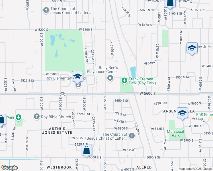 map of restaurants, bars, coffee shops, grocery stores, and more near 2700 West 5600 South in Roy