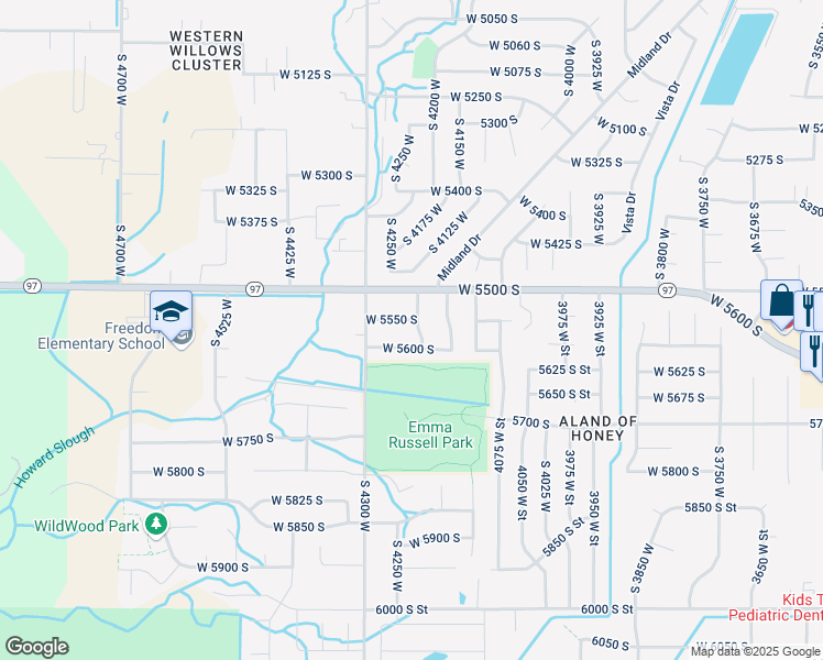 map of restaurants, bars, coffee shops, grocery stores, and more near 5540 4225 West in Roy