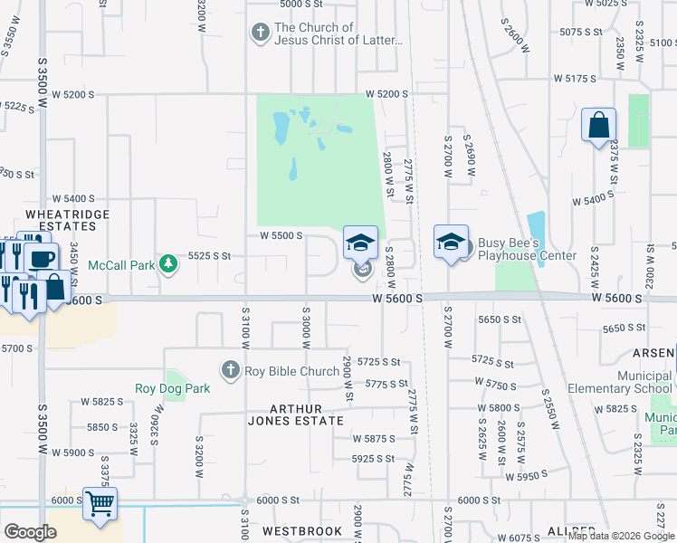 map of restaurants, bars, coffee shops, grocery stores, and more near 5548 South 2950 West in Roy