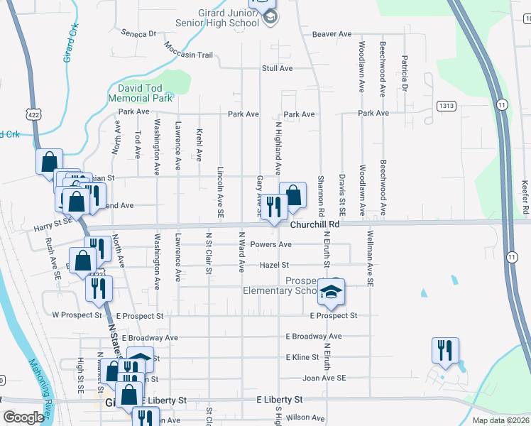 map of restaurants, bars, coffee shops, grocery stores, and more near 828 North Highland Avenue in Girard
