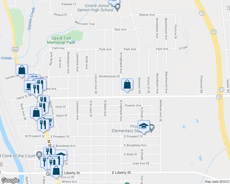 map of restaurants, bars, coffee shops, grocery stores, and more near 817 Gary Avenue Southeast in Girard