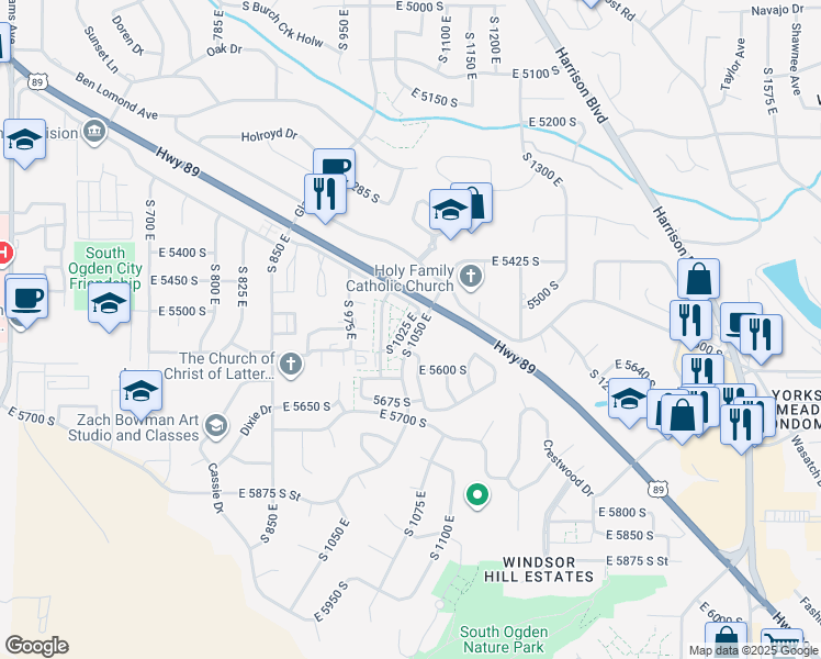 map of restaurants, bars, coffee shops, grocery stores, and more near 5542 South 1025 East in Ogden