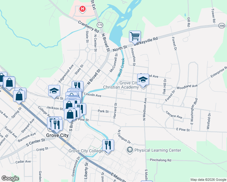 map of restaurants, bars, coffee shops, grocery stores, and more near 223 North Harvard Street in Grove City