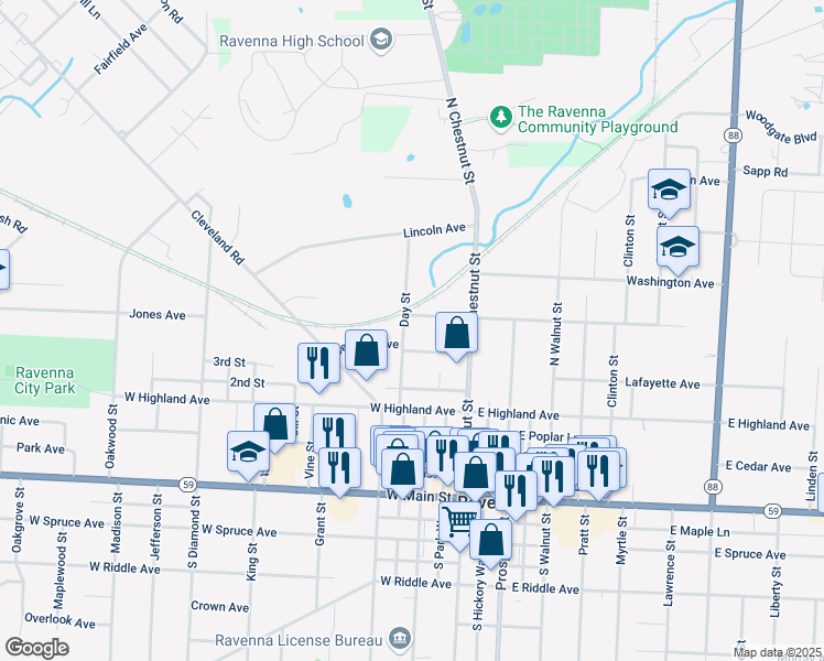 map of restaurants, bars, coffee shops, grocery stores, and more near 241 West Central Avenue in Ravenna
