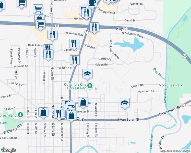 map of restaurants, bars, coffee shops, grocery stores, and more near 600 North Whitley Street in Columbia City