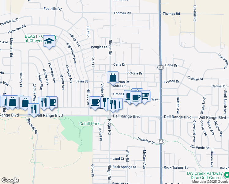map of restaurants, bars, coffee shops, grocery stores, and more near 4901 Ridge Road in Cheyenne