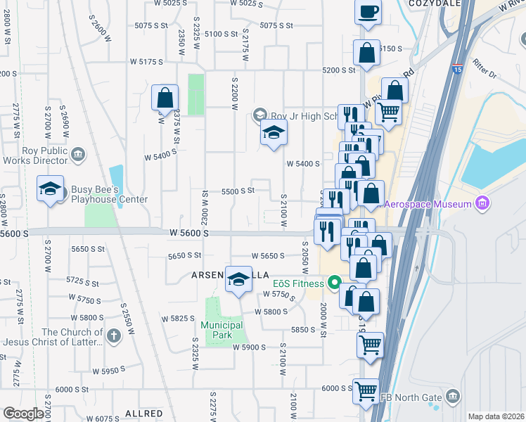 map of restaurants, bars, coffee shops, grocery stores, and more near 2155 5500 South Street in Roy