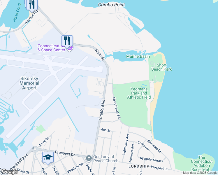 map of restaurants, bars, coffee shops, grocery stores, and more near 1265 Stratford Road in Stratford