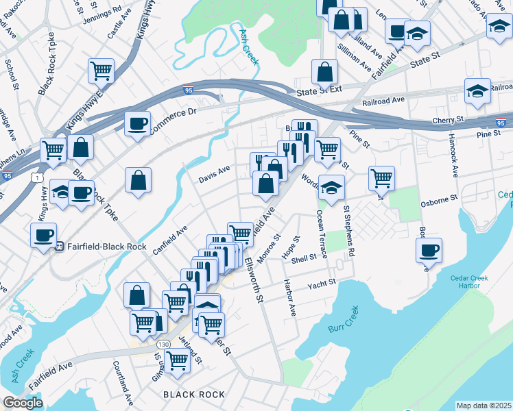 map of restaurants, bars, coffee shops, grocery stores, and more near 63 Waldorf Avenue in Bridgeport