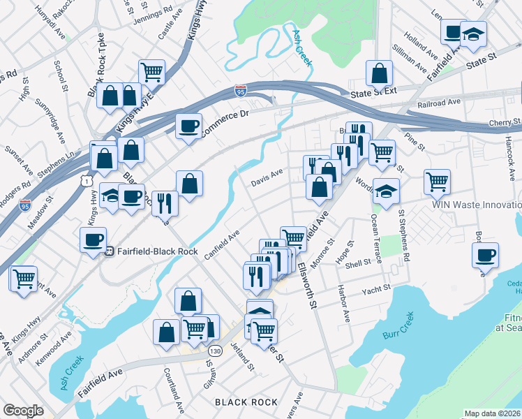 map of restaurants, bars, coffee shops, grocery stores, and more near 287 Hansen Avenue in Bridgeport