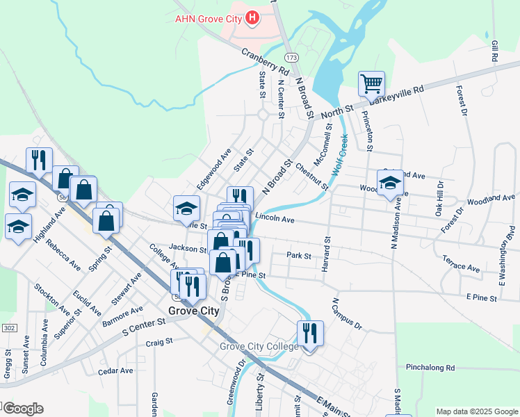 map of restaurants, bars, coffee shops, grocery stores, and more near 201 North Broad Street in Grove City