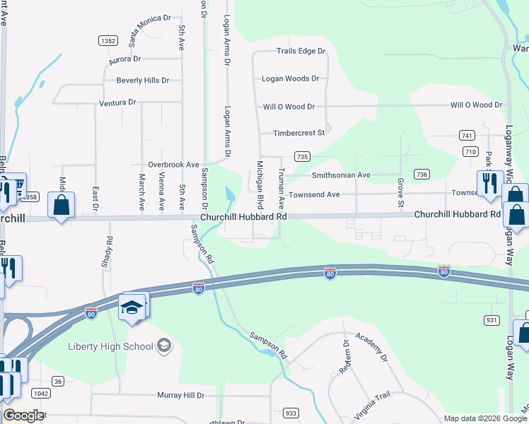 map of restaurants, bars, coffee shops, grocery stores, and more near 4595 Michigan Boulevard in Youngstown