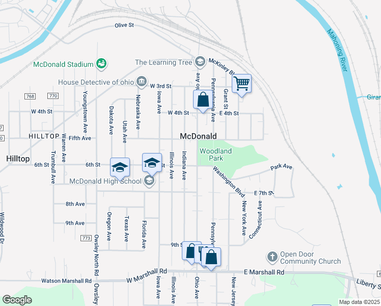map of restaurants, bars, coffee shops, grocery stores, and more near 512 Indiana Avenue in McDonald