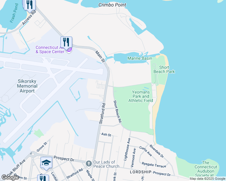 map of restaurants, bars, coffee shops, grocery stores, and more near 155 Short Beach Road in Stratford