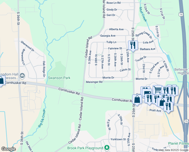 map of restaurants, bars, coffee shops, grocery stores, and more near 9808 South 28th Street in Bellevue