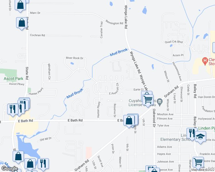 map of restaurants, bars, coffee shops, grocery stores, and more near 3552 E Prescott Cir in Cuyahoga Falls