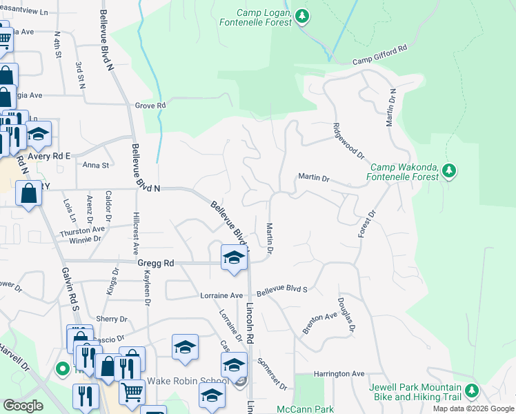 map of restaurants, bars, coffee shops, grocery stores, and more near 1103 Tanglewood Court in Bellevue