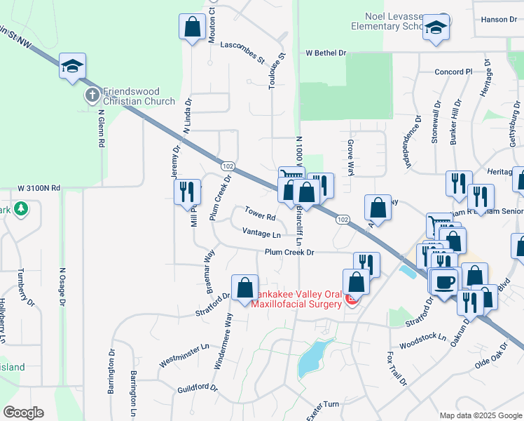 map of restaurants, bars, coffee shops, grocery stores, and more near 1253 Tower Road in Bourbonnais