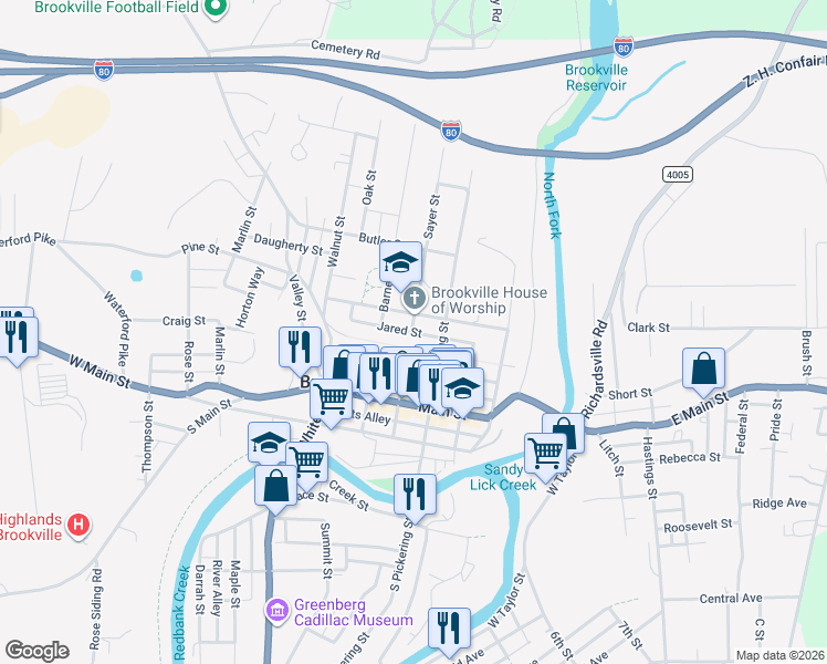 map of restaurants, bars, coffee shops, grocery stores, and more near 2 Sayer Street in Brookville